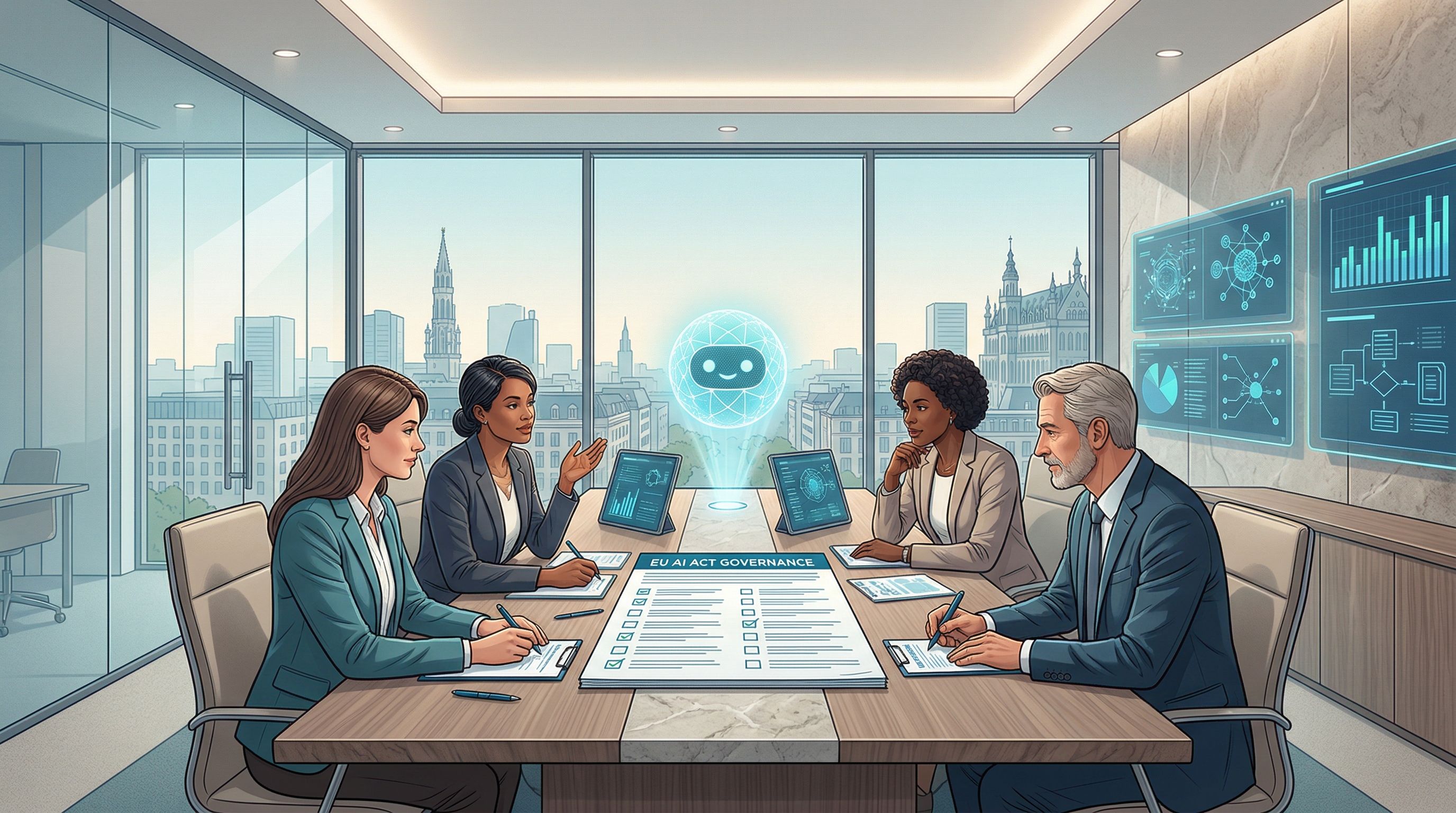 Illustration of an executive team reviewing AI literacy and governance with a secure AI assistant.