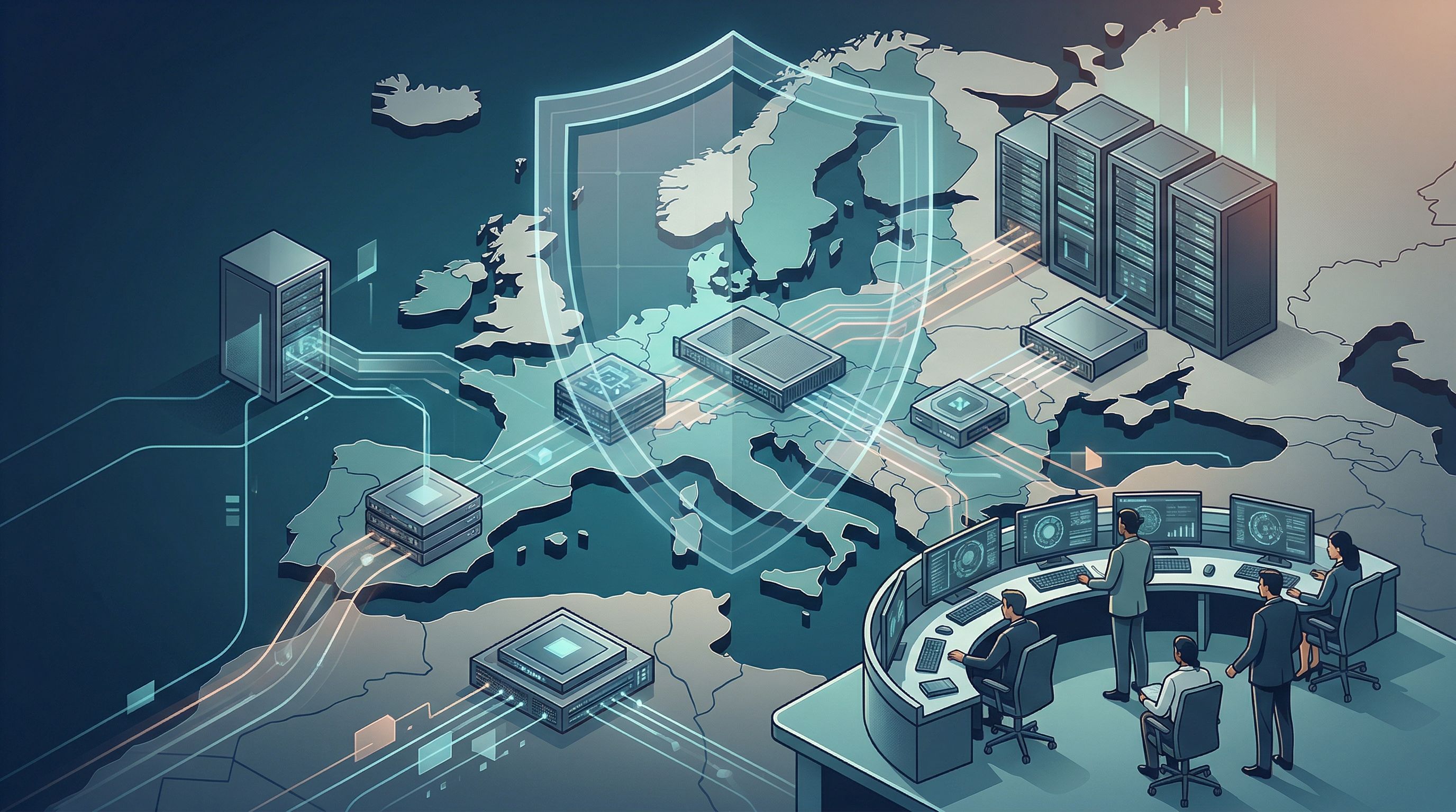 Illustratie van veilige Europese AI-infrastructuur met nadruk op dataregie en soevereine AI.