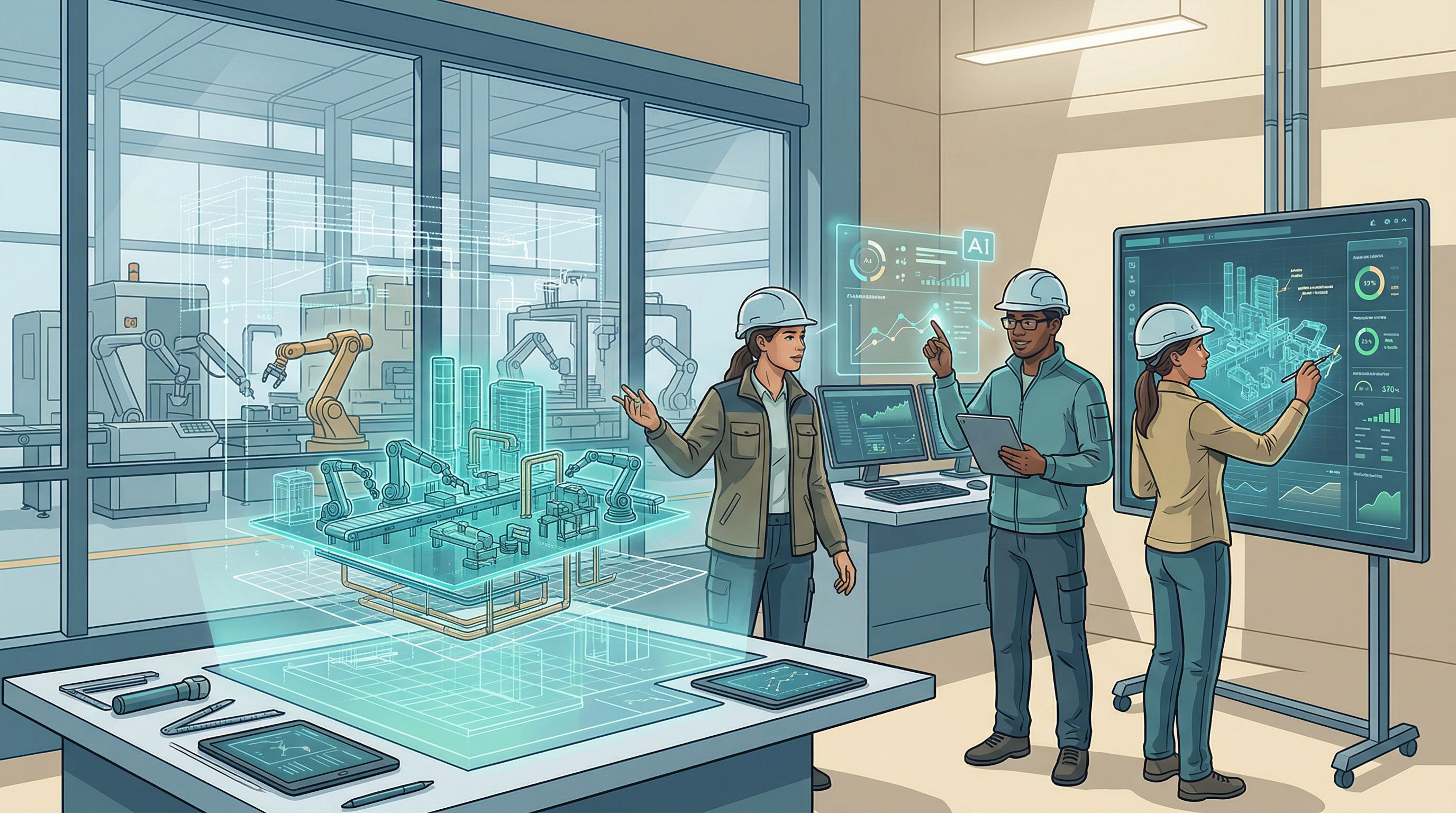 Illustratie van engineers die met een digital twin en AI snellere beslissingen nemen in een industriële omgeving.