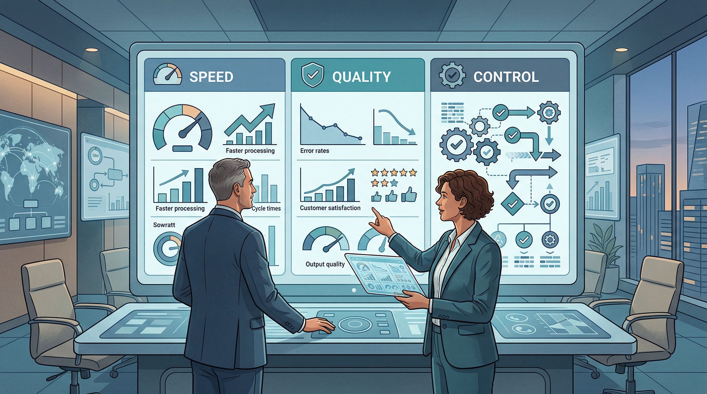 Illustratie van leidinggevenden die AI-waarde beoordelen via een dashboard met snelheid, kwaliteit en controle.