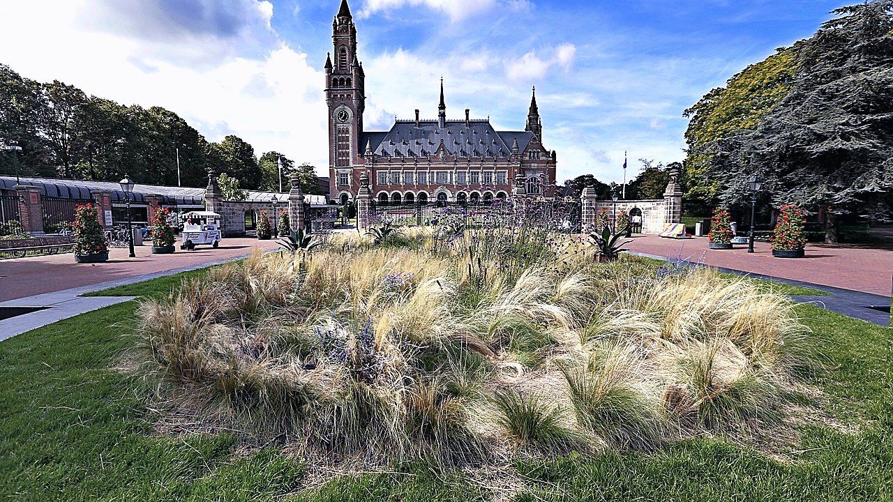 Het Vredespaleis in Den Haag met klokkentoren en leistenen daken, gezien over een tuin met siergrassen onder een blauwe lucht met wolken