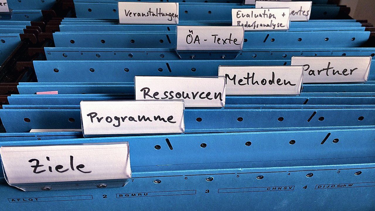 Blauwe hangmappen in een archiefla met handgeschreven Duitse labels zoals Ziele, Programme, Ressourcen en Methoden