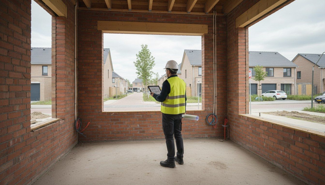 Kwaliteitsborger met tablet in een woning in aanbouw, nieuwbouwwijk op de achtergrond