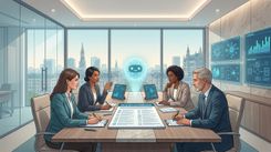 Illustratie van een directieteam dat AI-geletterdheid en governance bespreekt met een veilige AI-assistent.