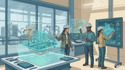 Illustration of engineers using a digital twin and AI to make faster decisions in an industrial setting.