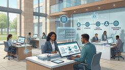Illustration of public service professionals working with AI support under human oversight.