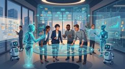Illustratie van een hybride organisatie waarin teams, leiders en AI-agents samenwerken in een gedeelde beslisomgeving.